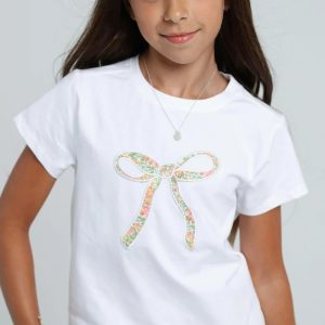 Girls' Floral Print Bow Crewneck Cotton T-Shirt