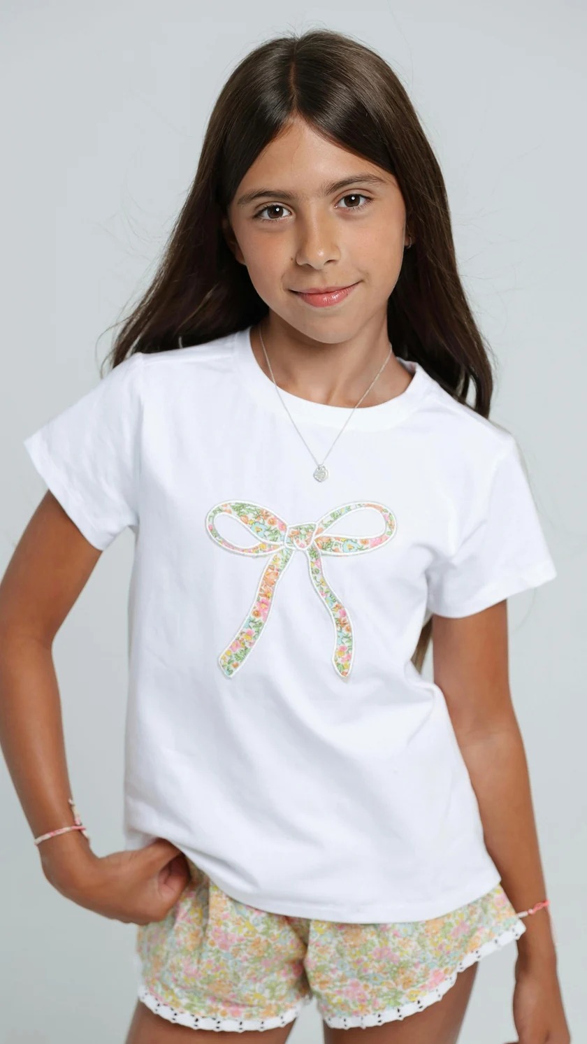 Girls' Floral Print Bow Crewneck Cotton T-Shirt