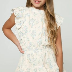 Girls' Vintage Floral Ruffle Sleeve Tiered Mini Dress