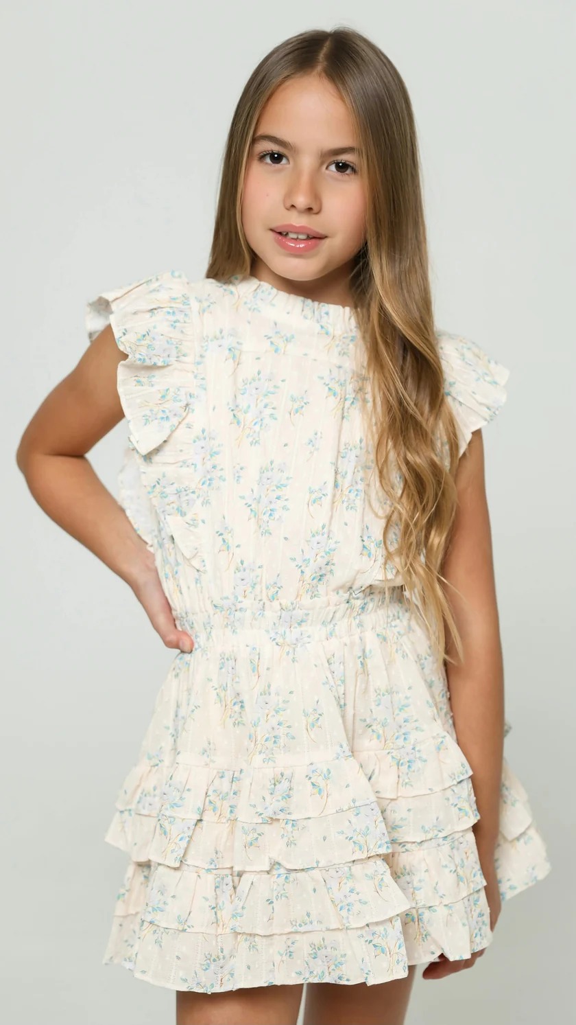 Girls' Vintage Floral Ruffle Sleeve Tiered Mini Dress