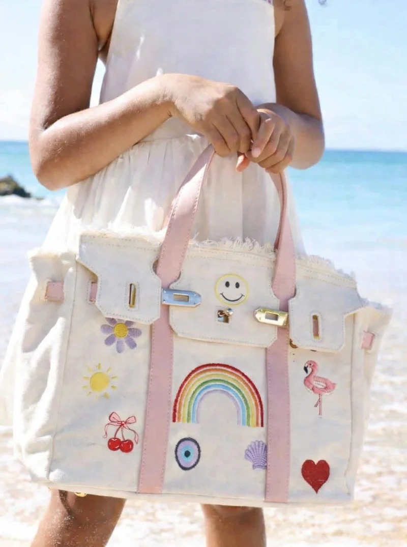 Summer Charm Canvas Tote Bag – Off-White & Pink